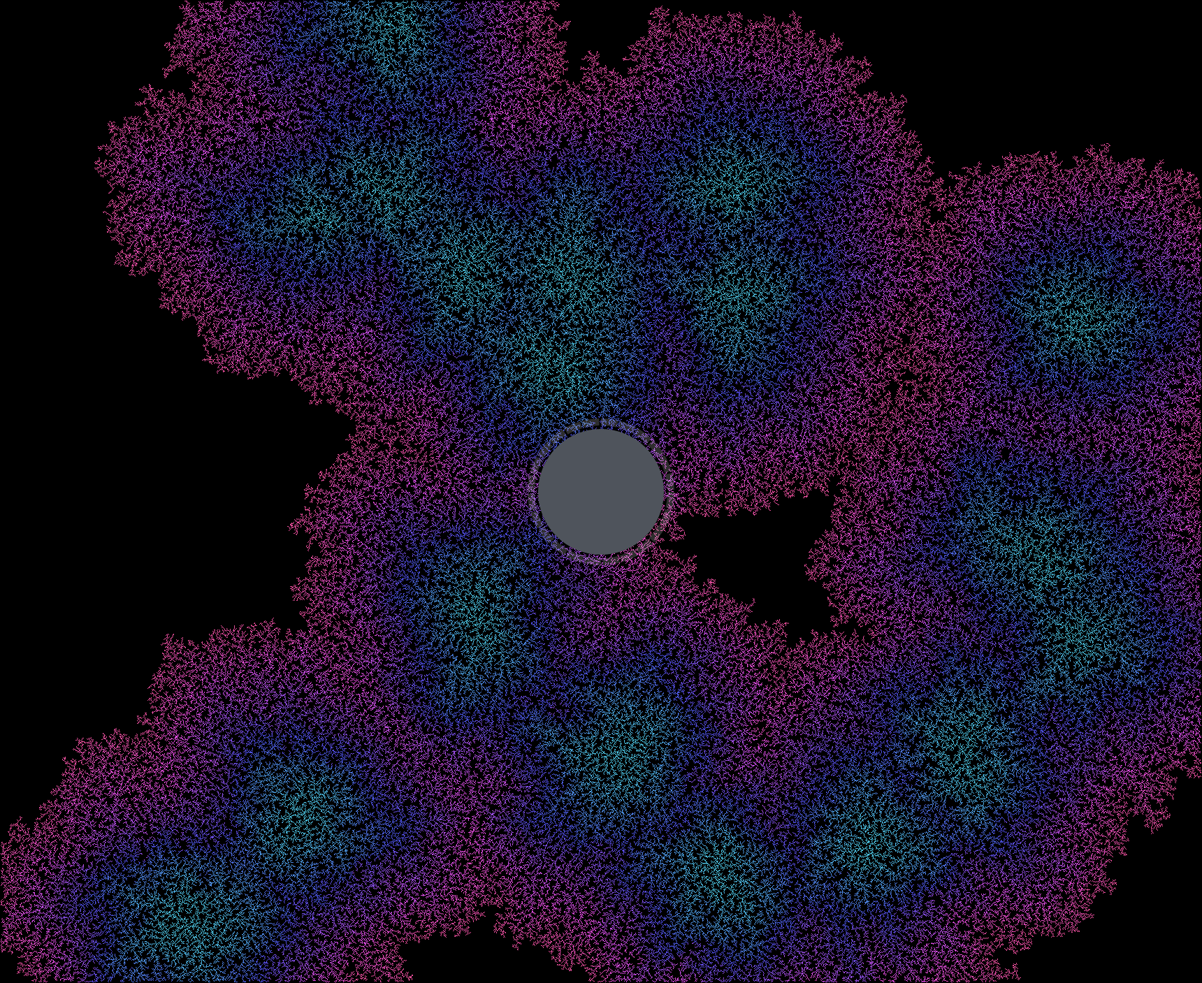 The baijia-suo lock screen showing the 'coral' animation: a dense branching fractal in magenta, blue and teal filling the screen, with a round grey typing indicator idle at the centre.