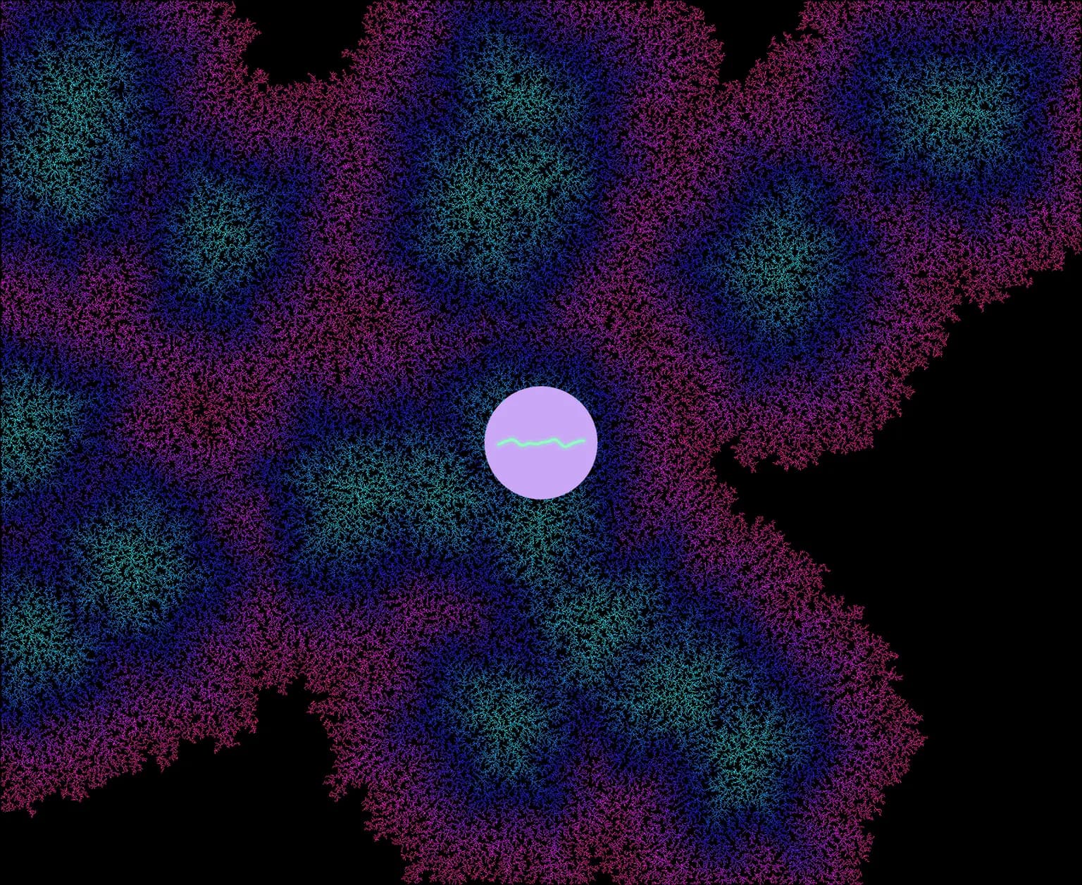 The baijia-suo lock screen showing the 'coral' animation: a dense branching fractal in magenta, blue and teal filling the screen, with a round mauve typing indicator at the centre drawing a live oscilloscope trace.