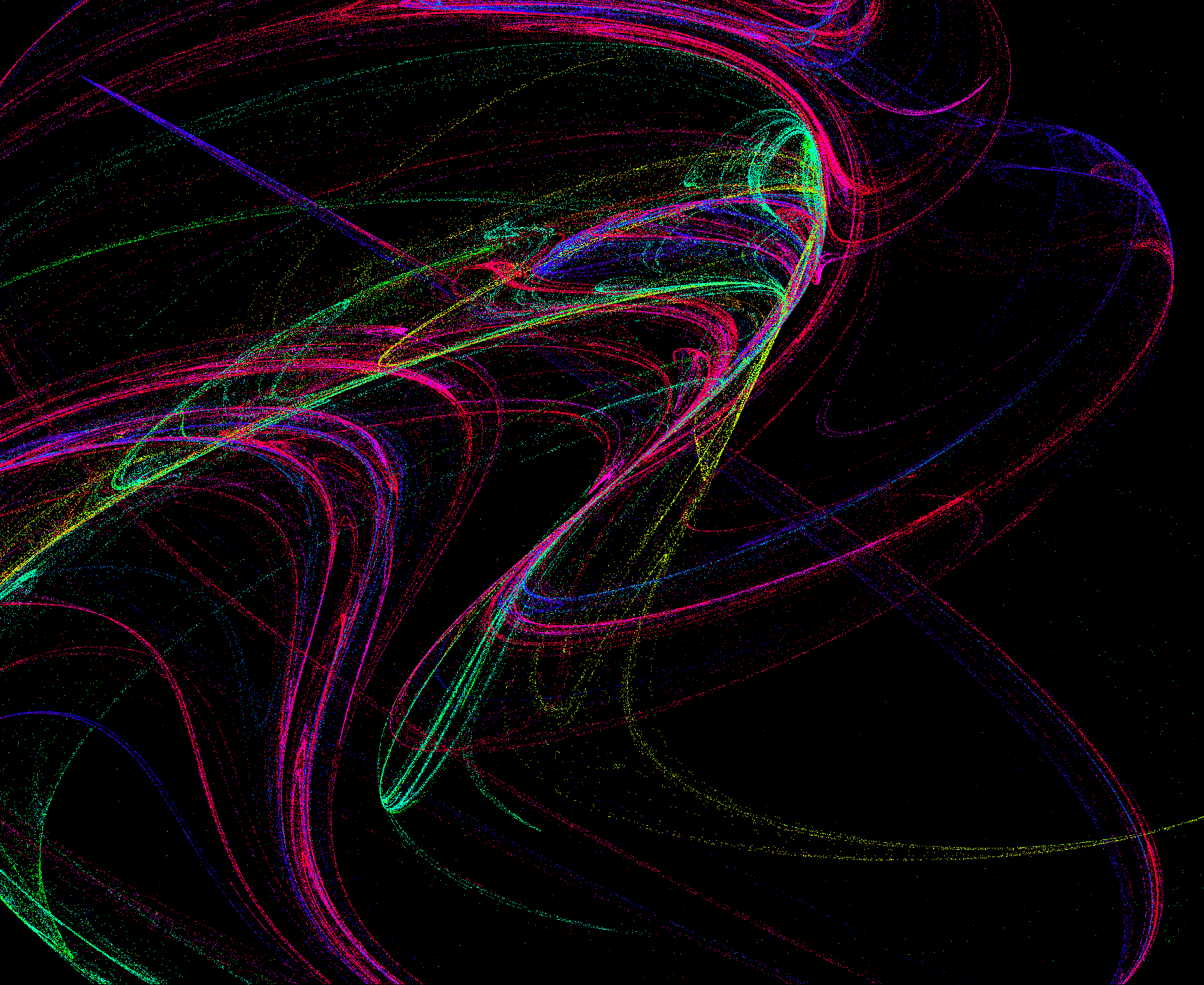 The baijia-suo lock screen showing the 'drift' animation: sweeping ribbons of fine magenta, green and blue strands curling across a black background.