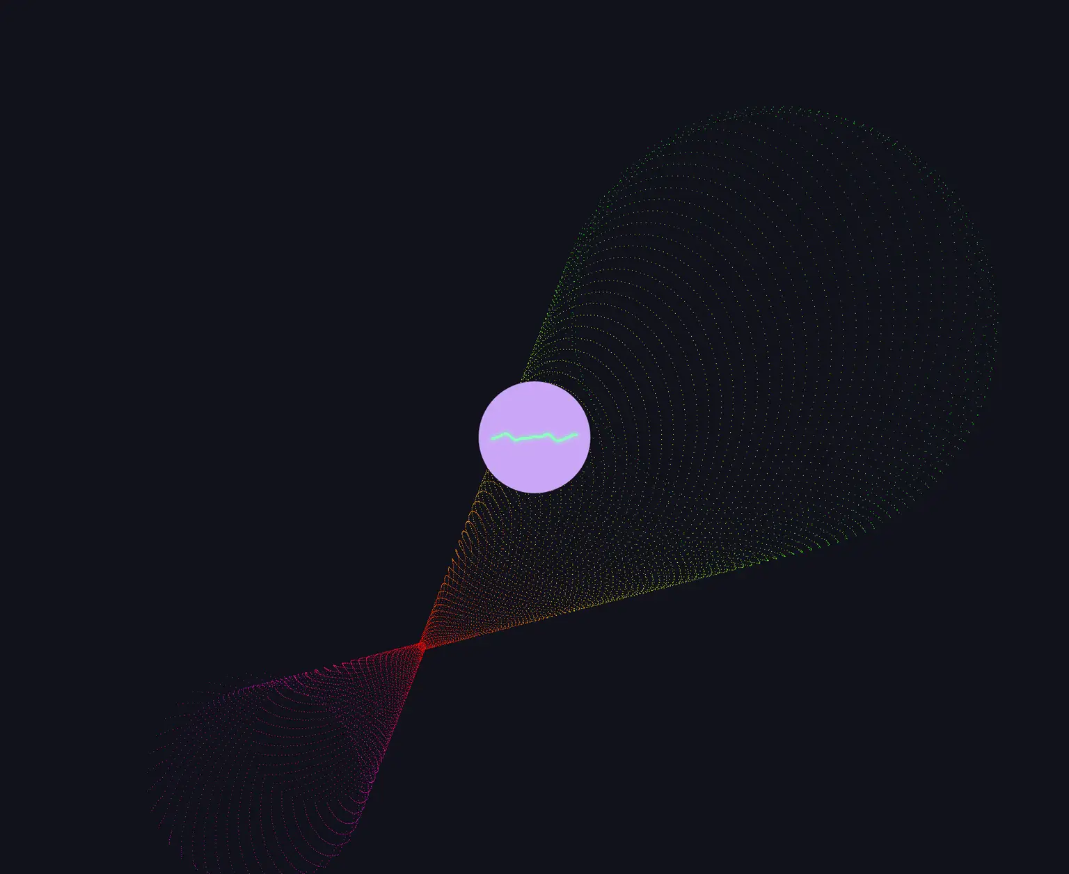 The baijia-suo lock screen showing the 'spiral' animation: two sweeping fans of fine dotted arcs in green and magenta against a near-black background, with the mauve typing indicator at the centre.