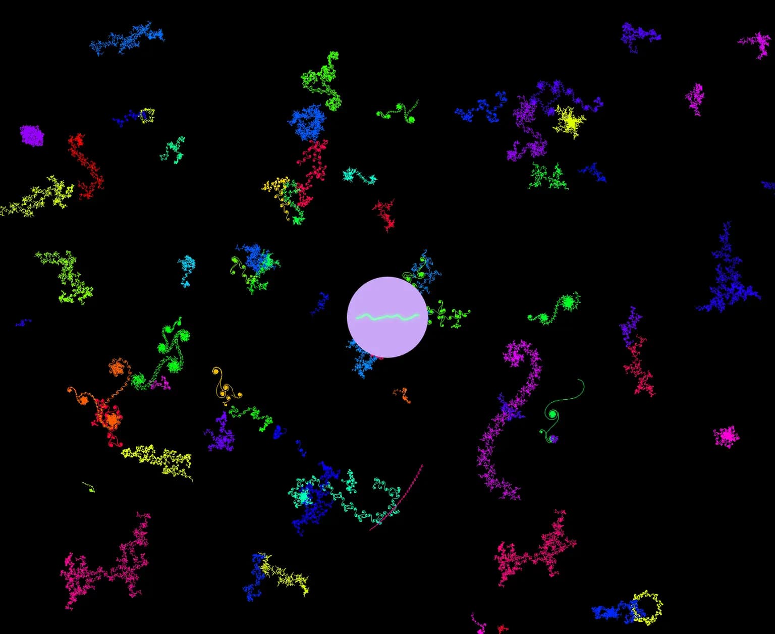 The baijia-suo lock screen showing the 'vines' animation: dozens of small brightly coloured branching growths scattered across a black background, with the mauve typing indicator at the centre.