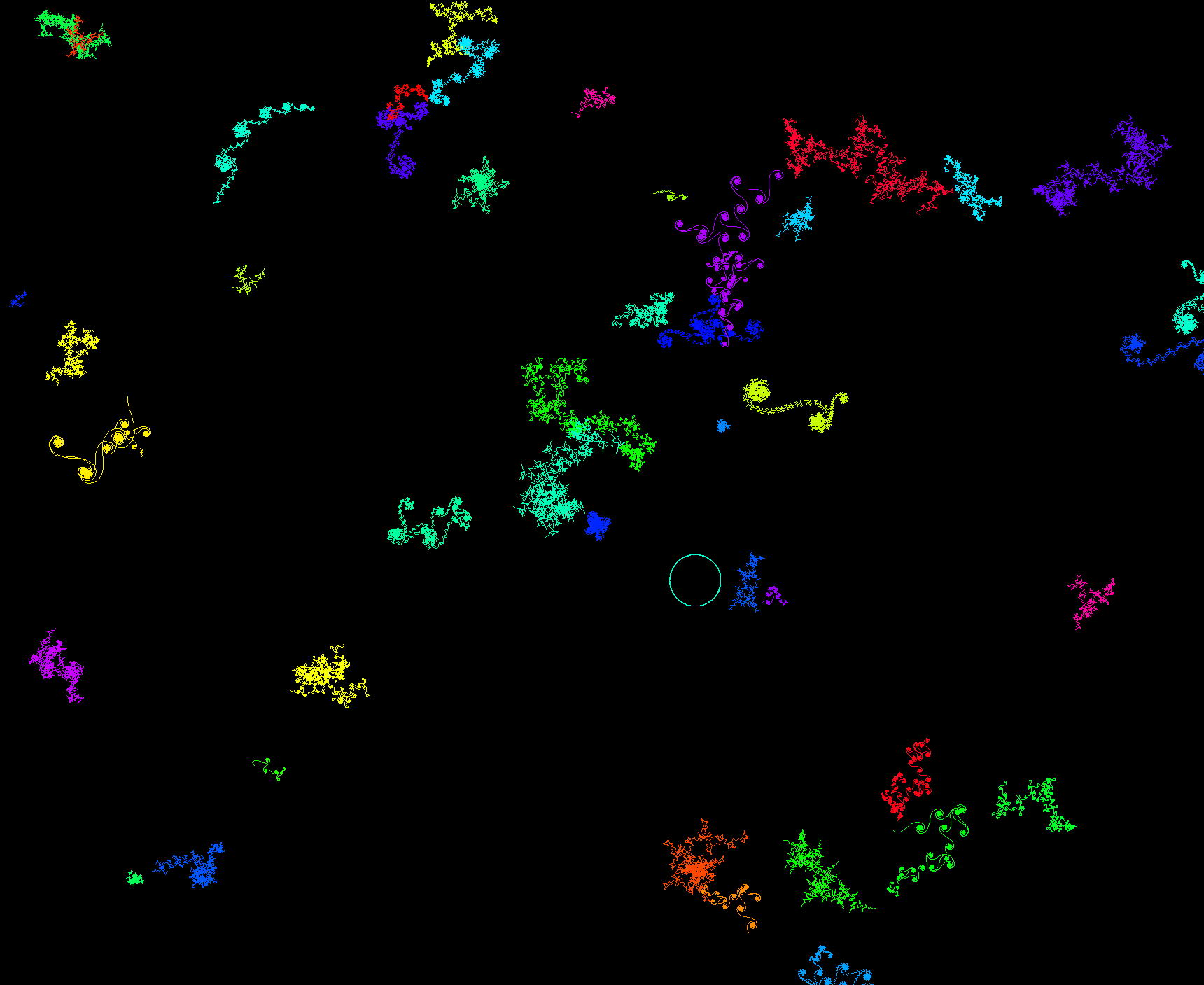 The baijia-suo lock screen showing the 'vines' animation: dozens of small brightly coloured branching growths scattered across a black background, with a thin ring at the centre where the typing indicator sits.
