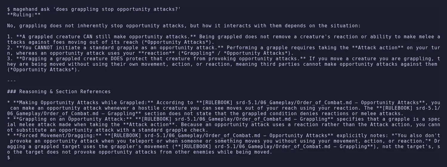 A terminal running 'magehand ask does grappling stop opportunity attacks?'. The answer gives a ruling in three numbered cases, then a 'Reasoning & Section References' block where each point cites the exact rulebook file and section it came from.