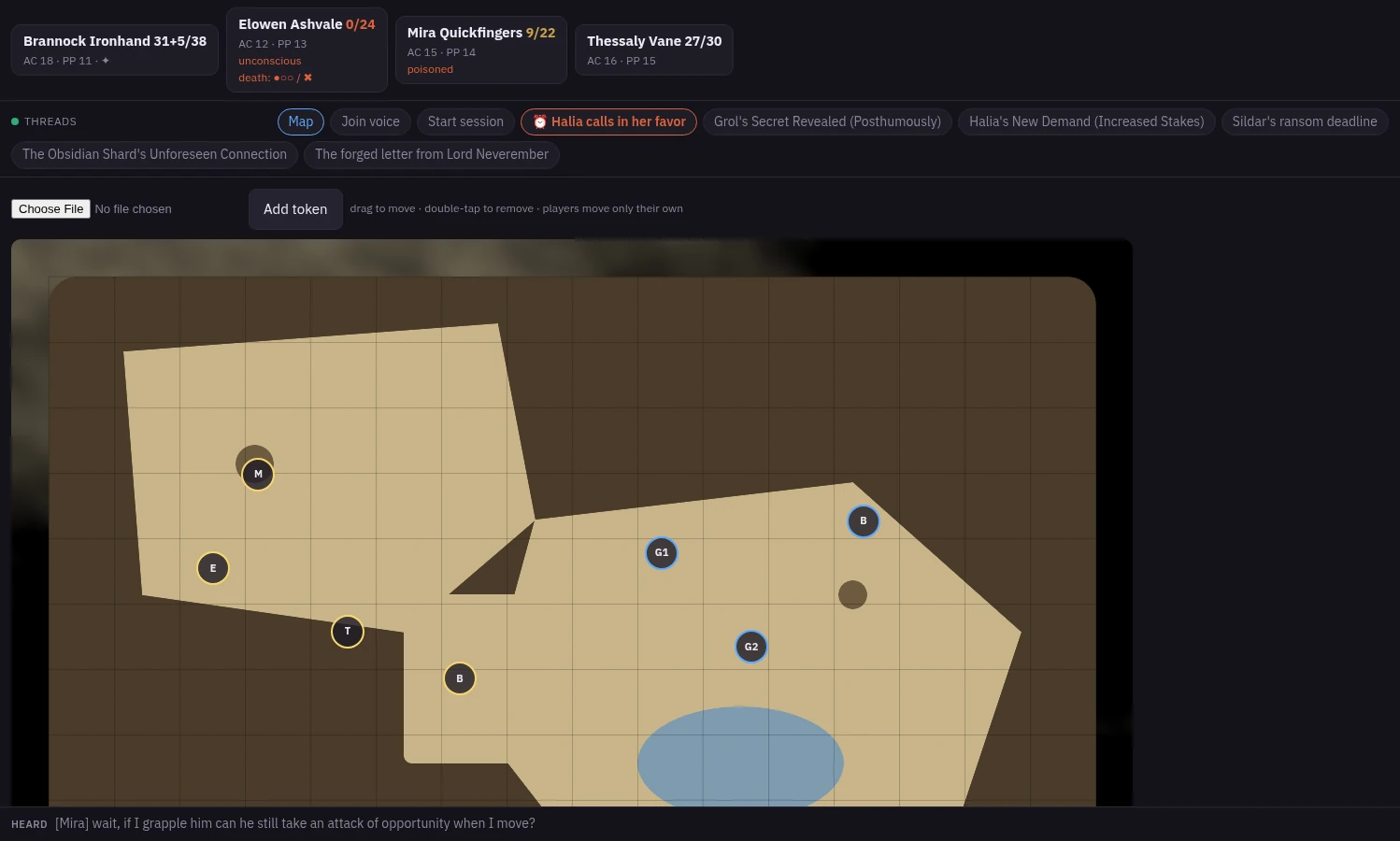 The DM dashboard's Map view: a hand-drawn dungeon floor plan with lettered tokens for characters, goblins and a hound, plus controls to upload a map, add a token and a hint that players move only their own.