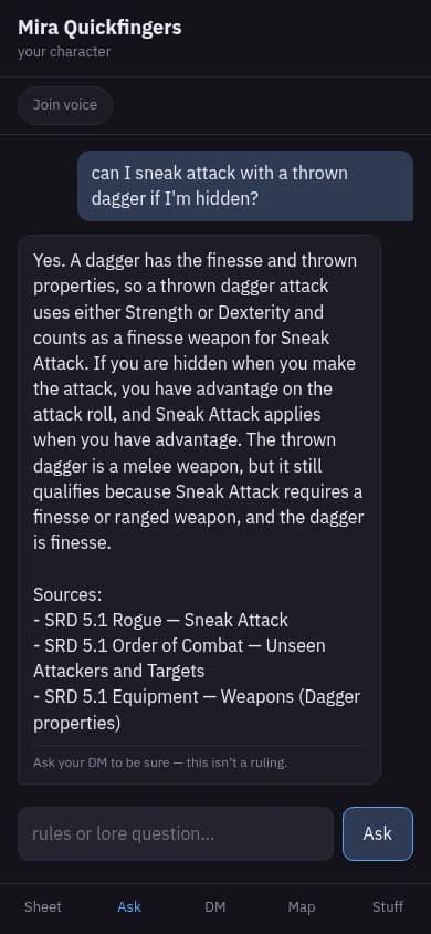 The same phone page on the Ask tab. The player asked whether they can sneak attack with a thrown dagger while hidden. The answer explains the finesse and thrown properties, lists three SRD sources, and ends with a note to ask the DM to be sure.