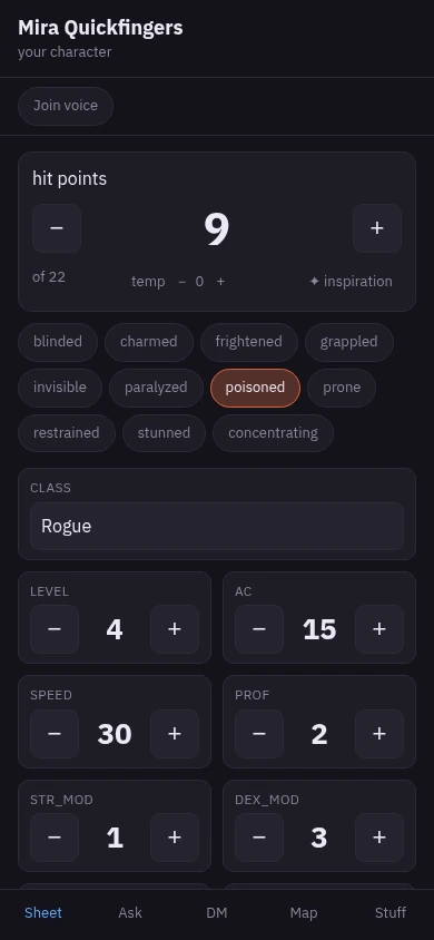 A player's phone page for Mira Quickfingers on the Sheet tab: hit points 9 of 22 with large minus and plus buttons, a row of condition chips with poisoned highlighted, then class, level, armour class, speed, proficiency and ability modifiers each with their own plus and minus.