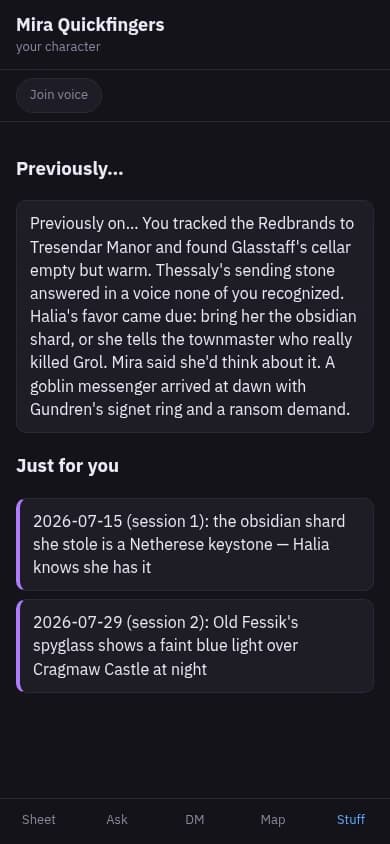 The Stuff tab: a 'Previously' recap paragraph, then a 'Just for you' section listing two dated secrets this character alone knows.