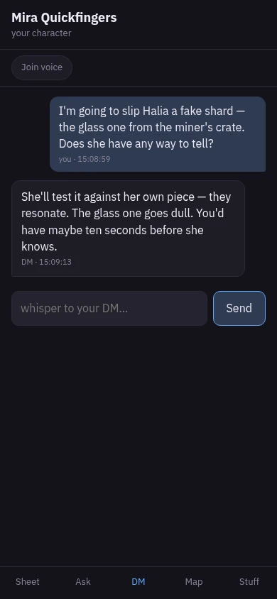 The DM tab on the phone: a private chat where the player says they plan to slip Halia a fake shard and asks if she can tell, and the DM replies that she will test it against her own piece. A whisper box and Send button sit beneath.