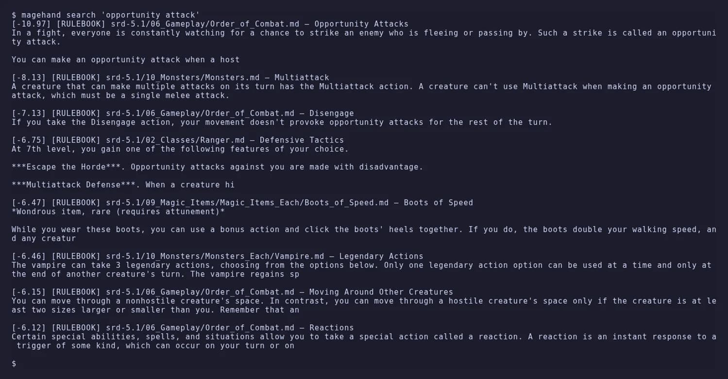 A terminal running 'magehand search opportunity attack', listing scored retrieval hits. Each result shows a relevance score, a RULEBOOK tag, the source file and section, and an excerpt of the matching passage.