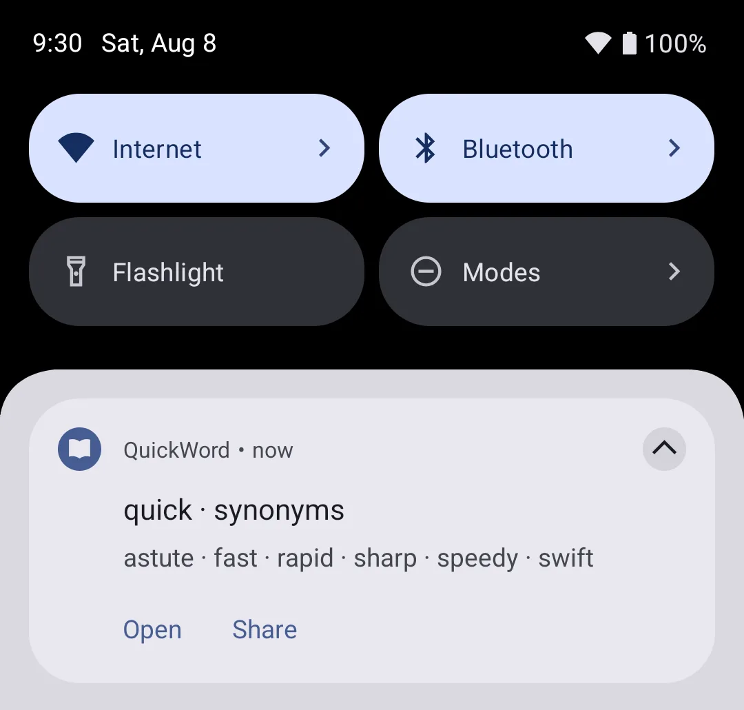 The same QuickWord notification after tapping Thesaurus: the heading now reads 'quick - synonyms' and lists astute, fast, rapid, sharp, speedy and swift, with Open and Share actions beneath.