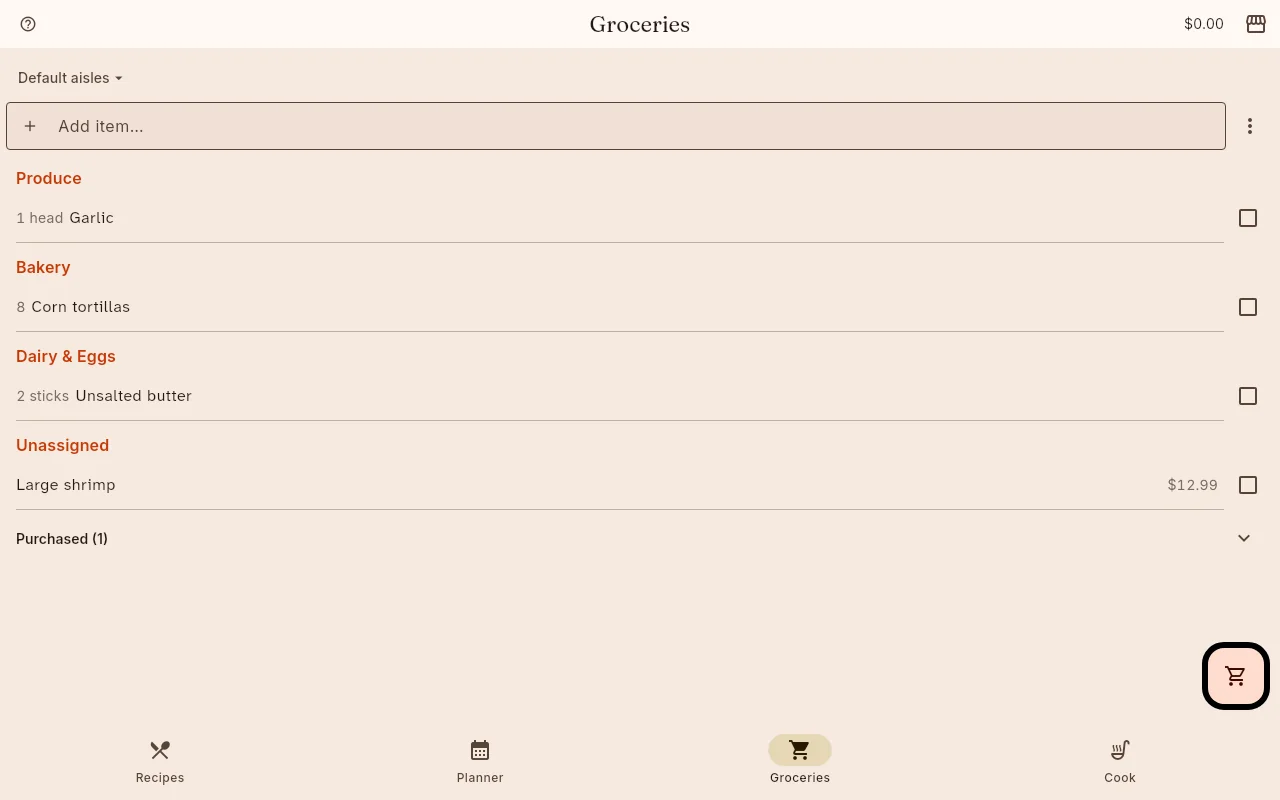 The shiso grocery list grouped under Produce, Bakery, Dairy and Eggs, and Unassigned, each line showing a quantity and item with a checkbox, one carrying a price, and a collapsed Purchased section at the bottom.