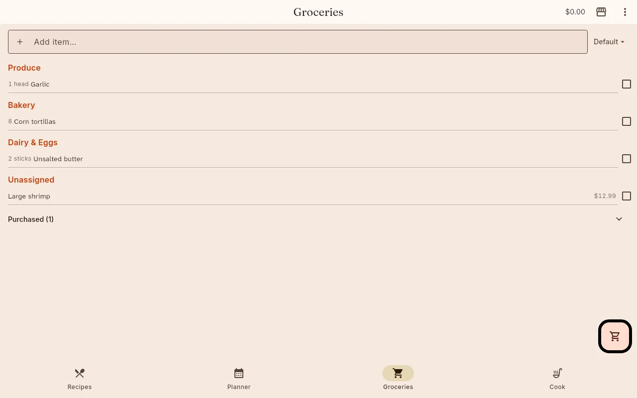 The shiso grocery list grouped under Produce, Bakery, Dairy and Eggs, and Unassigned, each line showing a quantity and item with a checkbox, one carrying a price, and a collapsed Purchased section at the bottom.