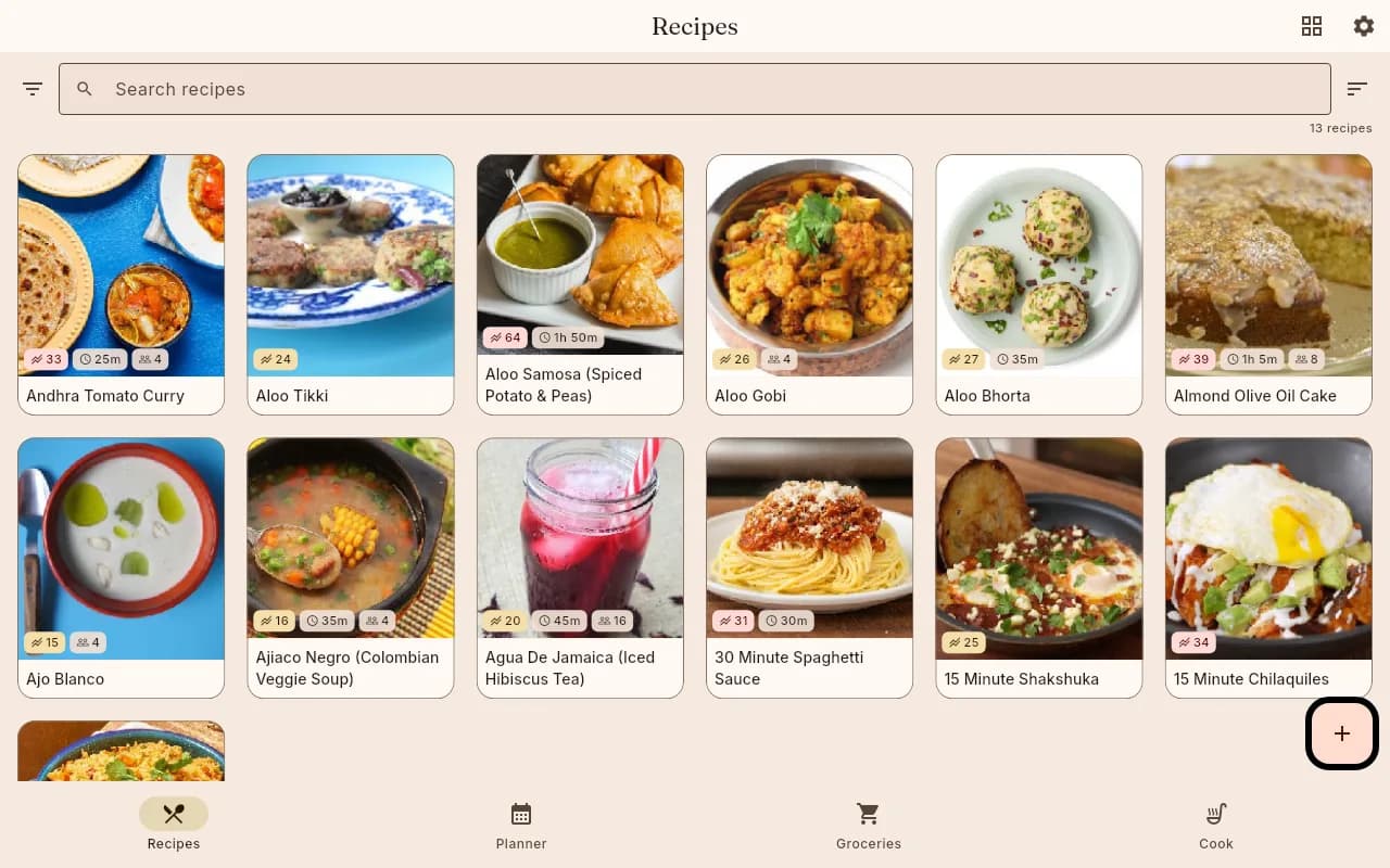 The shiso recipe library on desktop: a warm cream interface with a search field across the top and a grid of recipe cards, each a photo above its title with small badges for calories, total time and servings. A bottom bar switches between Recipes, Planner, Groceries and Cook.