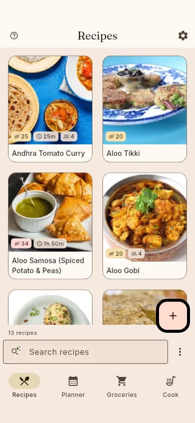 The shiso recipe library on a phone screen, the same cards in two columns with the search field and the same bottom navigation.