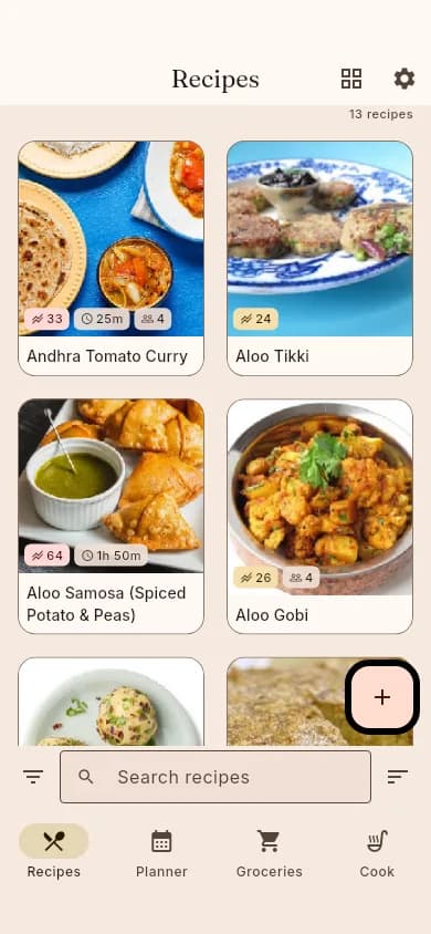 The shiso recipe library on a phone screen, the same cards in a single column with the same bottom navigation.