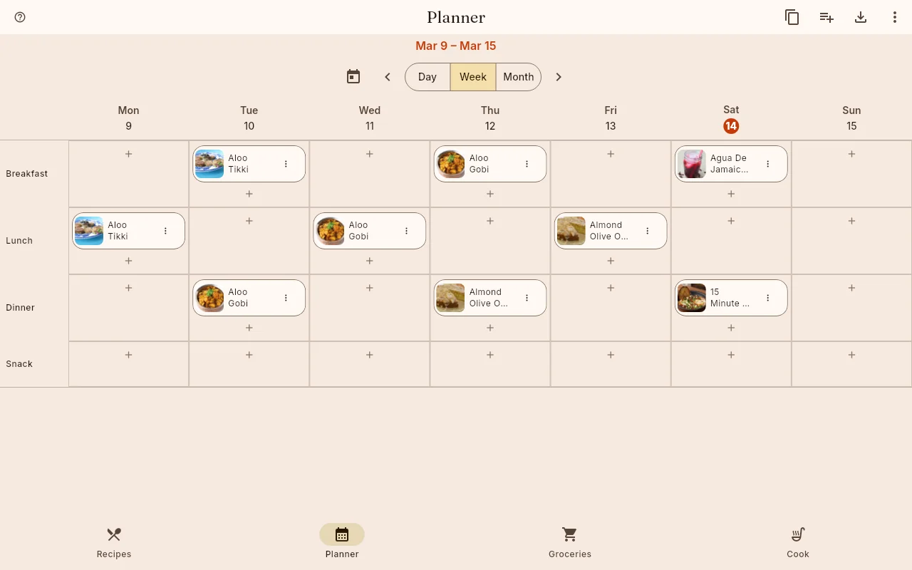 The shiso weekly planner: days Monday to Sunday as columns, Breakfast, Lunch, Dinner and Snack as rows, with recipe chips placed in some cells and a plus button in every empty one. Day, Week and Month tabs sit above.