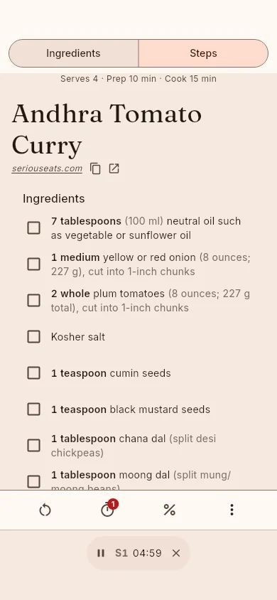 A recipe on a phone with a timer running: Ingredients and Steps tabs at the top, the ingredient checklist below, and a bar pinned to the bottom where the first timer counts down from five minutes beside its pause button.