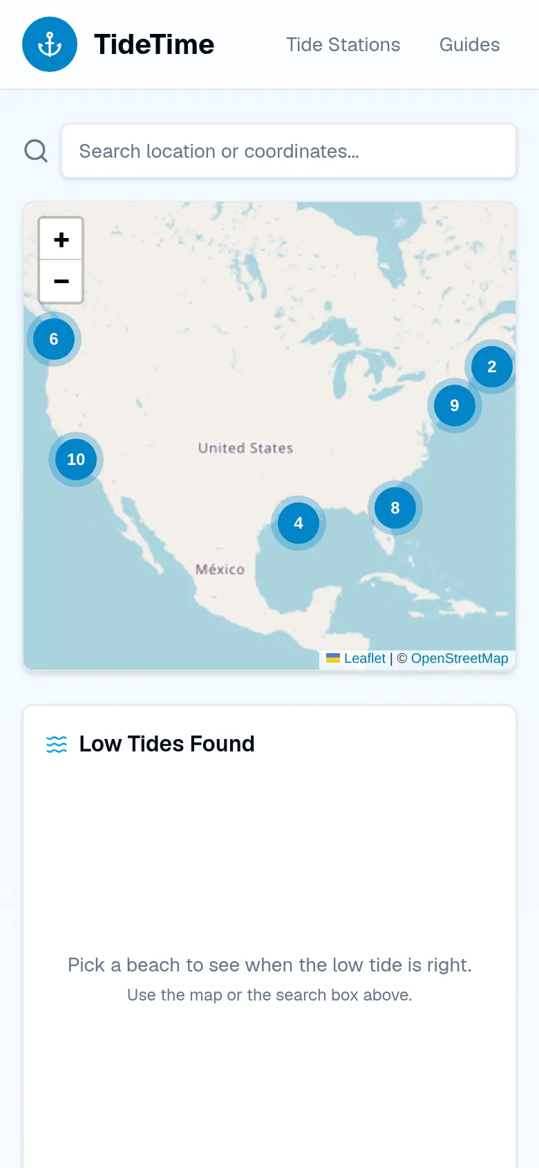 TideTime on a phone screen, showing the search box, map and tide results stacked in a single column.