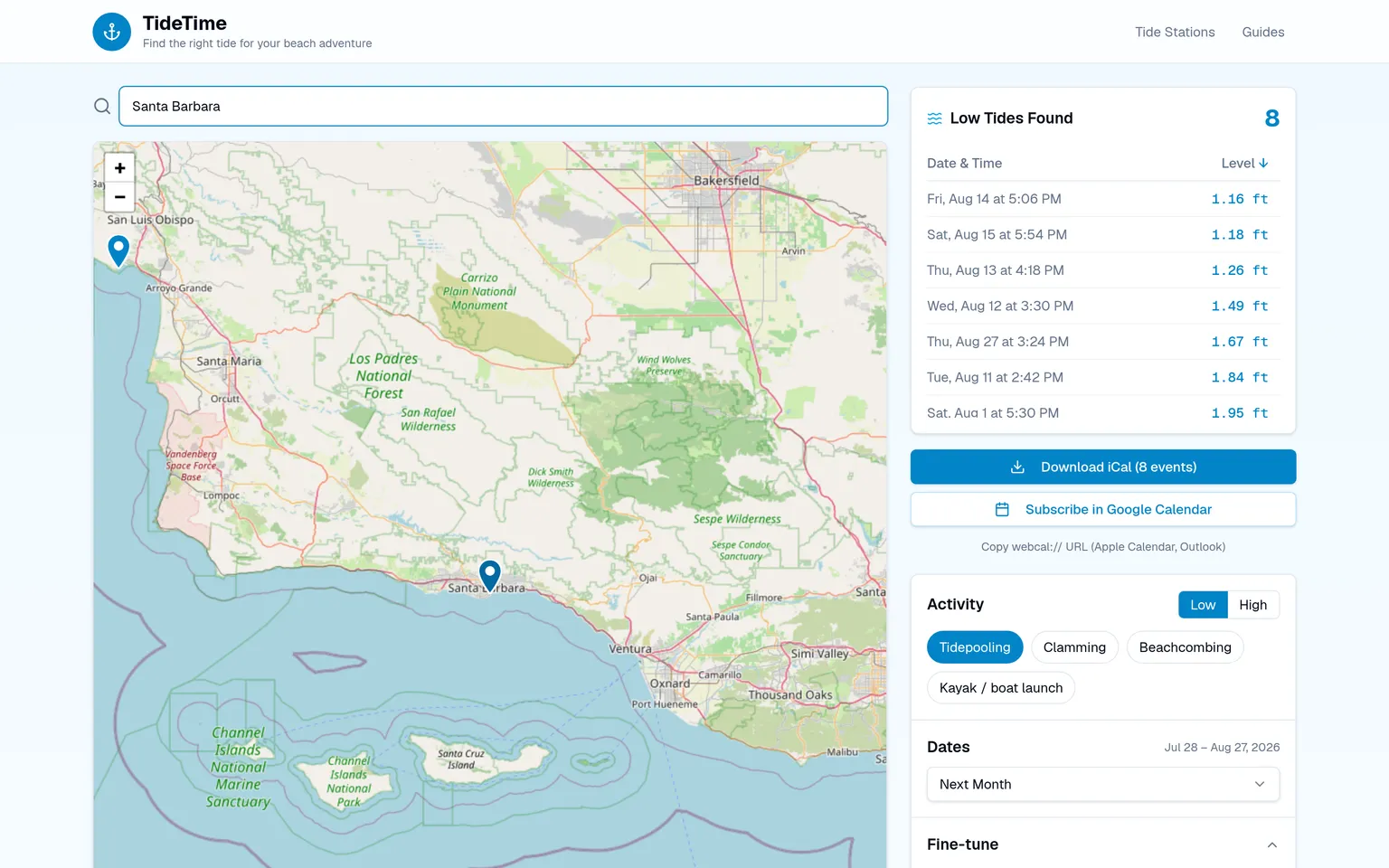 TideTime showing tide windows for Santa Barbara. A map of the California coast on the left with a dropped pin, and on the right a panel listing eight qualifying low tides with dates, times and heights, above buttons to download an iCal file or subscribe in Google Calendar.